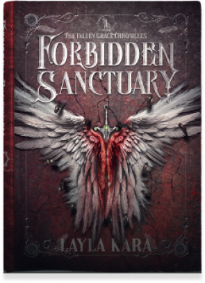 Book cover of Forbidden Sanctuary beside an open book.